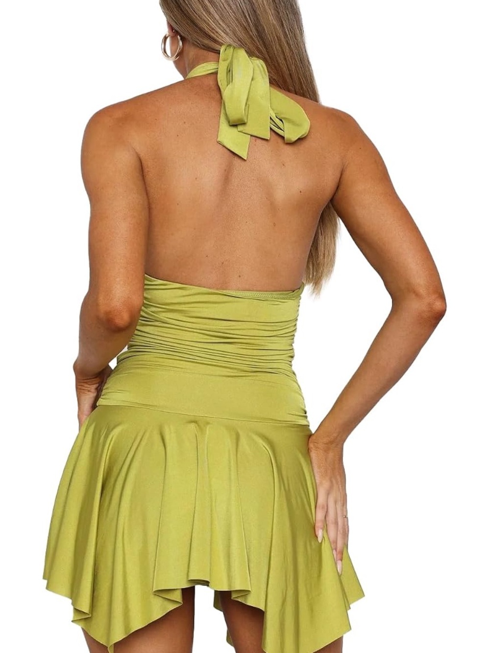 Plunge Halter Ruched Mini Dress in Olive Green - Picture 2 of 6